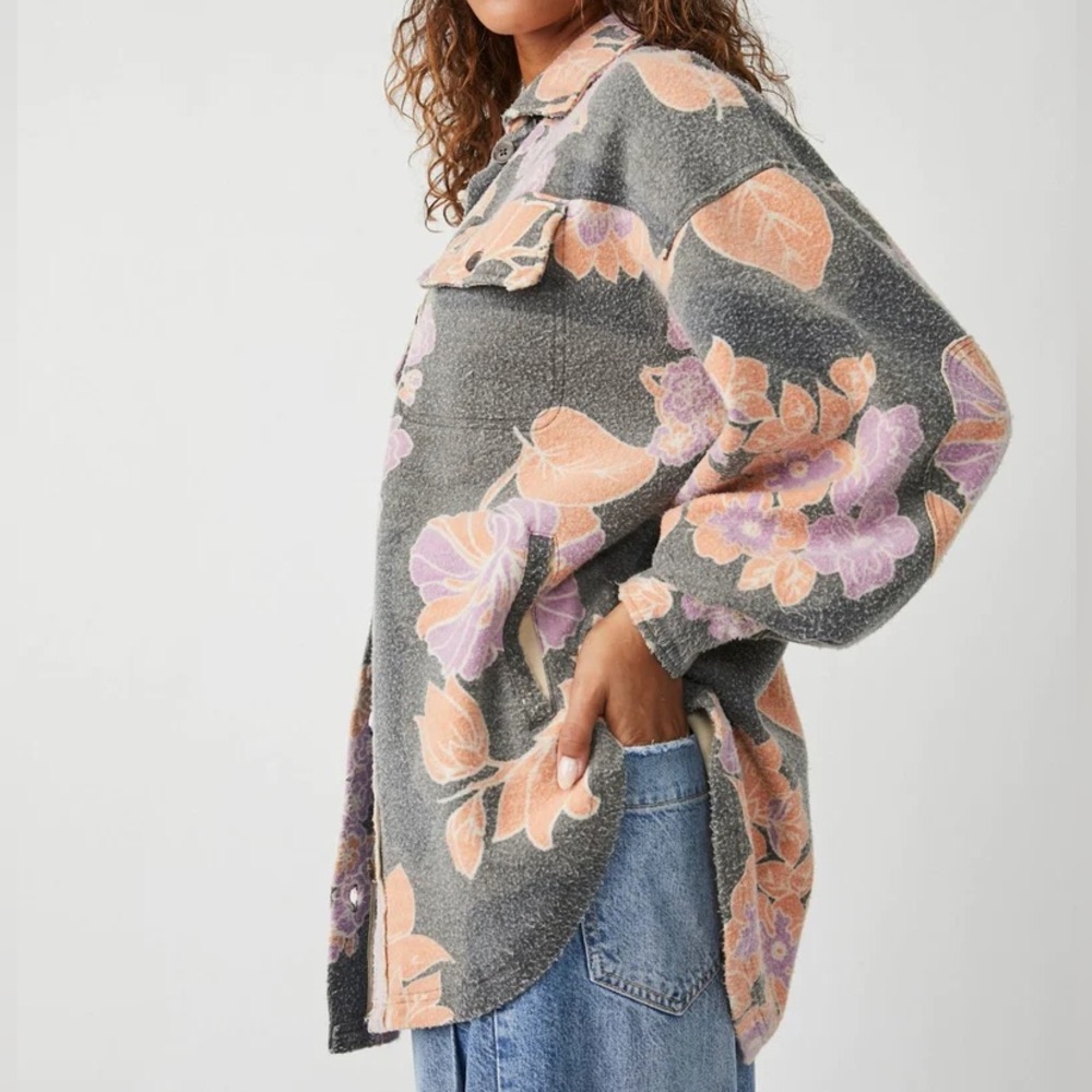 Free People NWT Printed Ruby Jacket Shacket Charcoal Gray Oversized Boxy